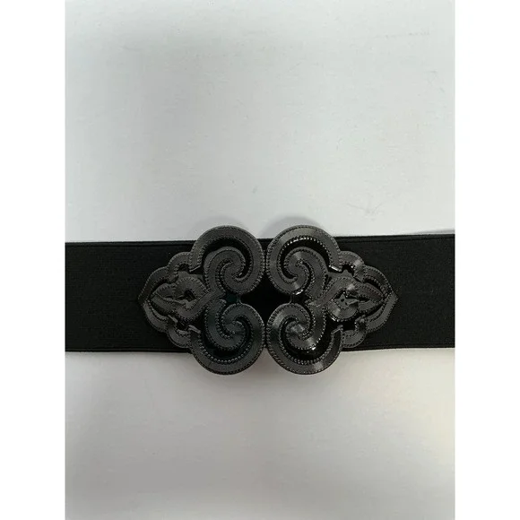 Vintage Style Black Elastic Cinch Belt Gunmetal Filigree Scroll Buckle Wide - Picture 3 of 4